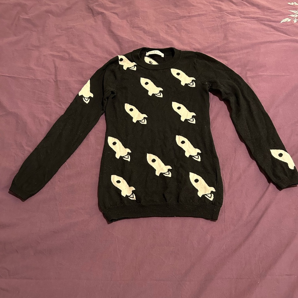 Skin and Threads Merino Wool Black Rocket Pattern Knit Sweater sz 1